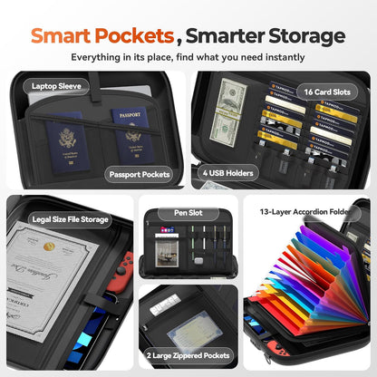 Nacial Fireproof Document Box with Lock & Shoulder Strap, Hard-Shell Fireproof File Organizer with 13 Pocket Accordion File Folder, Portable Safe Storage for Important Documents, Laptop, Black