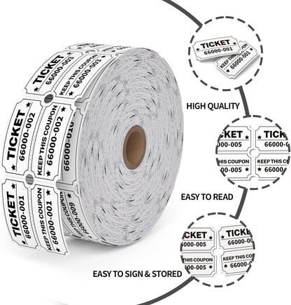 2000 Methdic White Raffle Tickets Double Roll, Ticket for Events, Entry, Class Reward, Fundraiser & Prizes