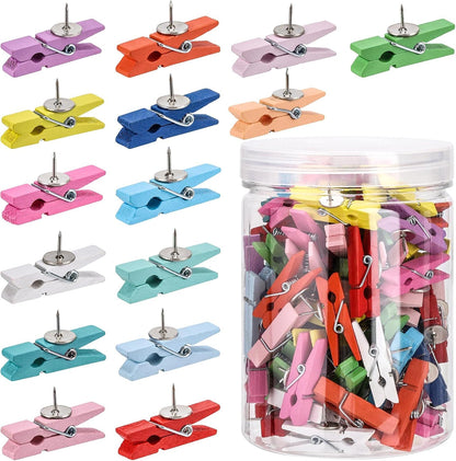 100Pcs Push Pin with Wooden Clips Tacks for Cork Board Artwork for Bulletin Board Crafts Arts Projects Photo Supplies(Colorful)
