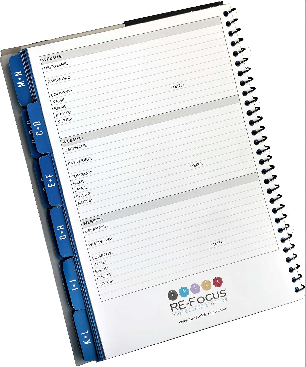 Password Book Keeper, Pink, Alphabetical Tabs, Spiral Bound, Removable Sheets, Journal Organizer Includes Website, Address, Username, Password - 10" x 7.5" by Re-Focus The Creative Office