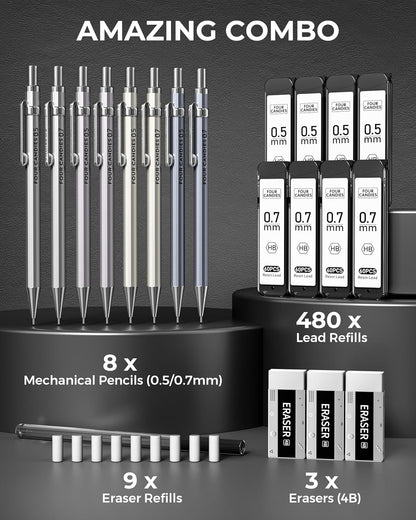 Four Candies 8PCS Metal Mechanical Pencils - 0.5 & 0.7mm with 8 Tubes HB #2 Lead Refills, Eraser Set and Eraser Refills, 20-Count Pack with Case, Lead Pencils Mechanical for Writing, Drawing, Drafting