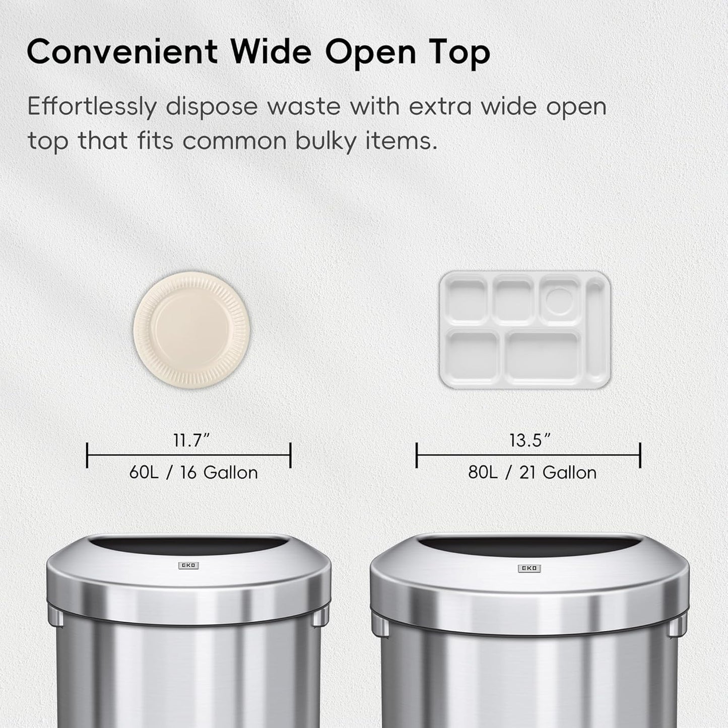 EKO Urban 21 Gallon Semi-Round Open Top Waste Bin, Stainless Steel Half Round Commercial Trash Can for Indoor and Outdoor, Extra Large Metal Garbage Bin for Home, Office, Restaurant, Restroom, 80L
