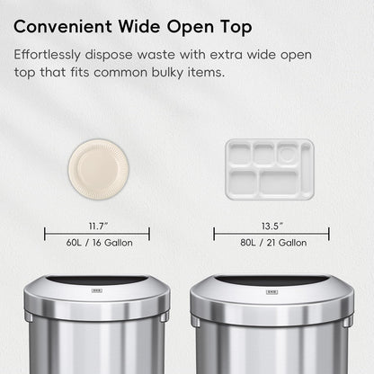 EKO Urban 21 Gallon Semi-Round Open Top Waste Bin, Stainless Steel Half Round Commercial Trash Can for Indoor and Outdoor, Extra Large Metal Garbage Bin for Home, Office, Restaurant, Restroom, 80L