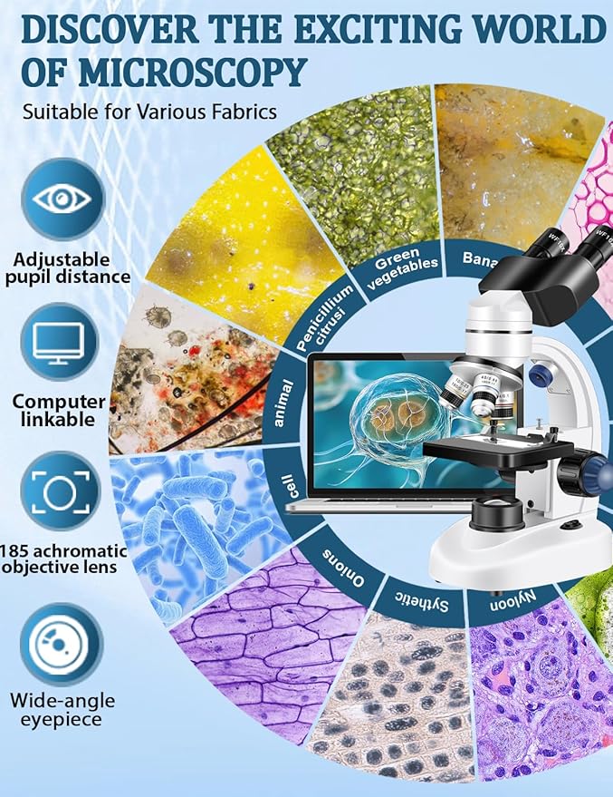 Microscope for Adults WF10x and WF25x eyepieces, 40X-2000X Magnification USB Camera, Microscope for Adults Suitable for Laboratory School Home Education.