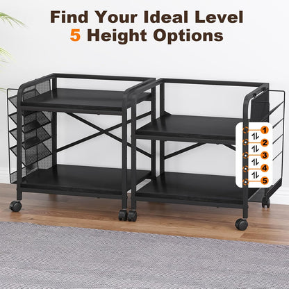 EasyCom Large Printer Stand with File Holder Organizer, Adjustable Height Shelf with Wheels, Rolling Printer Cart with Storage for Printer Scanner Fax Home Office Use Black