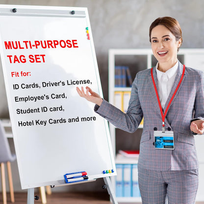 Marspark 50 Sets Clear Name Tags with Lanyard, Lanyards for ID Badges Reusable Strap with ID Holder Plastic Name Badges for Adults Business School Church Conference (Red)