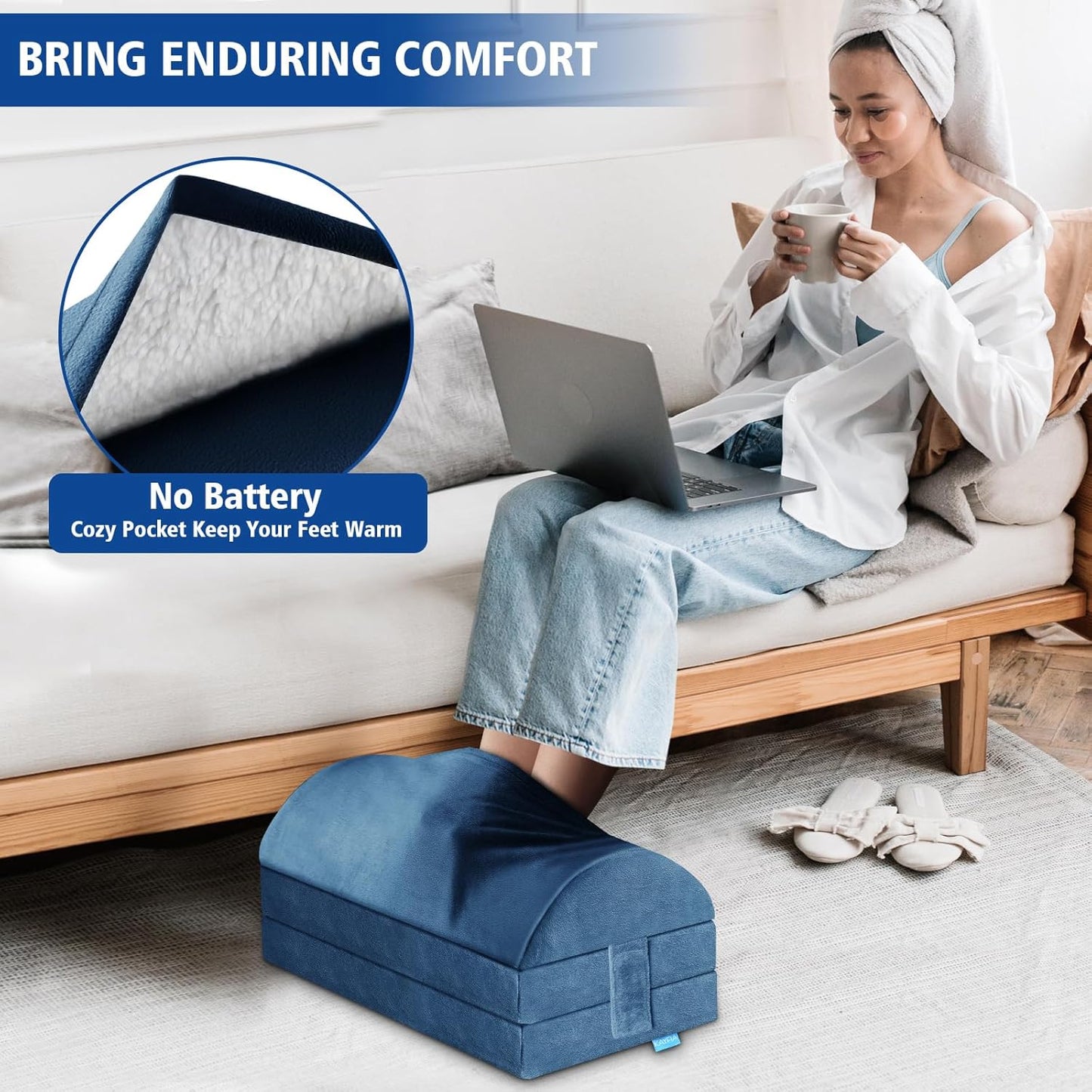 XXL(20in) Foot Rest for Under Desk at Work with 3 Adjustable Heights, Foot Stool with Bamboo Charcoal Foam, Feet Warm Pocket Footrest for Office Gaming Chair, for Leg Support -Blue