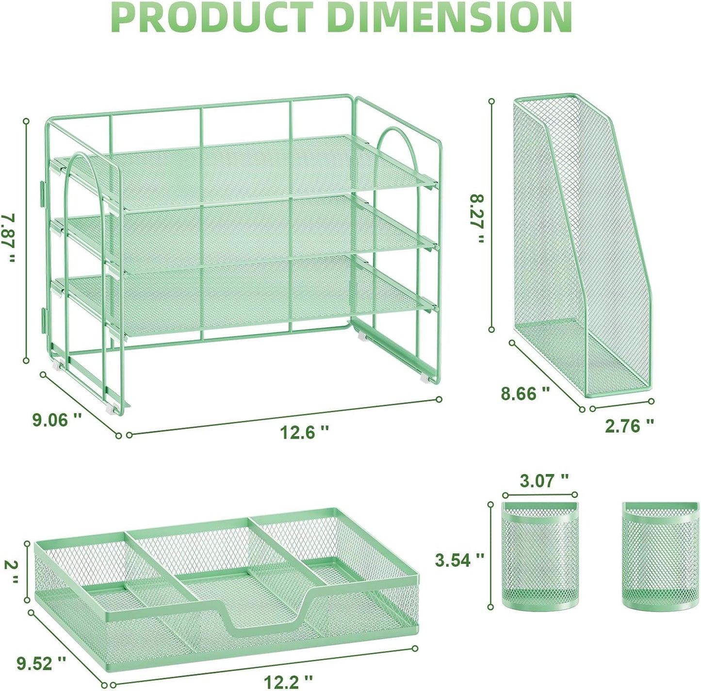 Marbrasse Desk Organizer and Accessories，4-Tier Paper Letter Tray Organizer with File Holder, Desk Accessories & Workspace Organizers with Drawer and 2 Pen Holder (Green, 15.4" x 9.1" x 8.3")