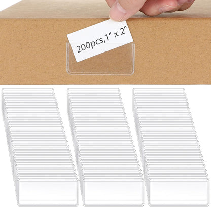 Jeyiour 200 Pcs Label Holders Adhesive Nameplate Pockets Storage Bin Labels Index Card Holder Shelf Plastic Peel Stick for Classroom Supermarket Bookshelf Library Student Box Drawer (2 x 1 Inch)