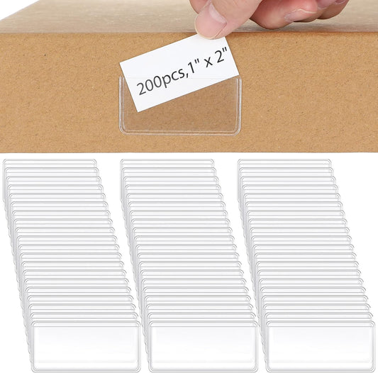 Jeyiour 200 Pcs Label Holders Adhesive Nameplate Pockets Storage Bin Labels Index Card Holder Shelf Plastic Peel Stick for Classroom Supermarket Bookshelf Library Student Box Drawer (2 x 1 Inch)