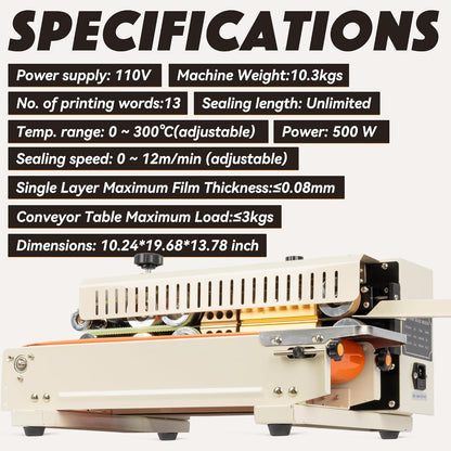 U.S. Solid Continuous Bag Band Sealer Tabletop Sealing Machine, Automatic Horizontal Band Sealer with Digital Temperature Control for 0.02-0.08mm PVC Bags Films Stamp Coding 110V