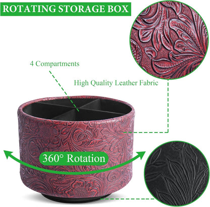 lizimandu Round Leather Art Supply Organizer,Remote Control Holder,360 Degree Spinning,Multi-Functional Pencil Holder,4 Compartments Desktop Stationary Organizer(1-Carved Red)