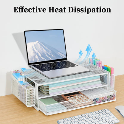 AUPSEN Computer Monitor Stands Riser，2-Tier Desk Organizers and Accessories, Office Desk Accessories Organizer with Drawers and 2 Pen Holder for Office Supplies (White)