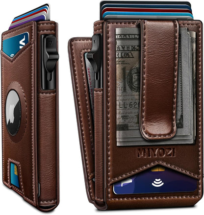 Airtag Wallet for Men,with Money Clip Gift Boxed,Slim Front Pocket Wallet RFID Blocking Metal Case Smart Pop-up Credit Card Holder in Magnetic Leather Flip