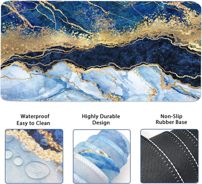 4-in-1 Large Gaming Mouse Pad, Keyboard Wrist Rest Pad & Wrist Support Mousepad Set, Extended Desk Pad Waterproof Desk Mat for Home Office Study Game - Blue Gold Marble