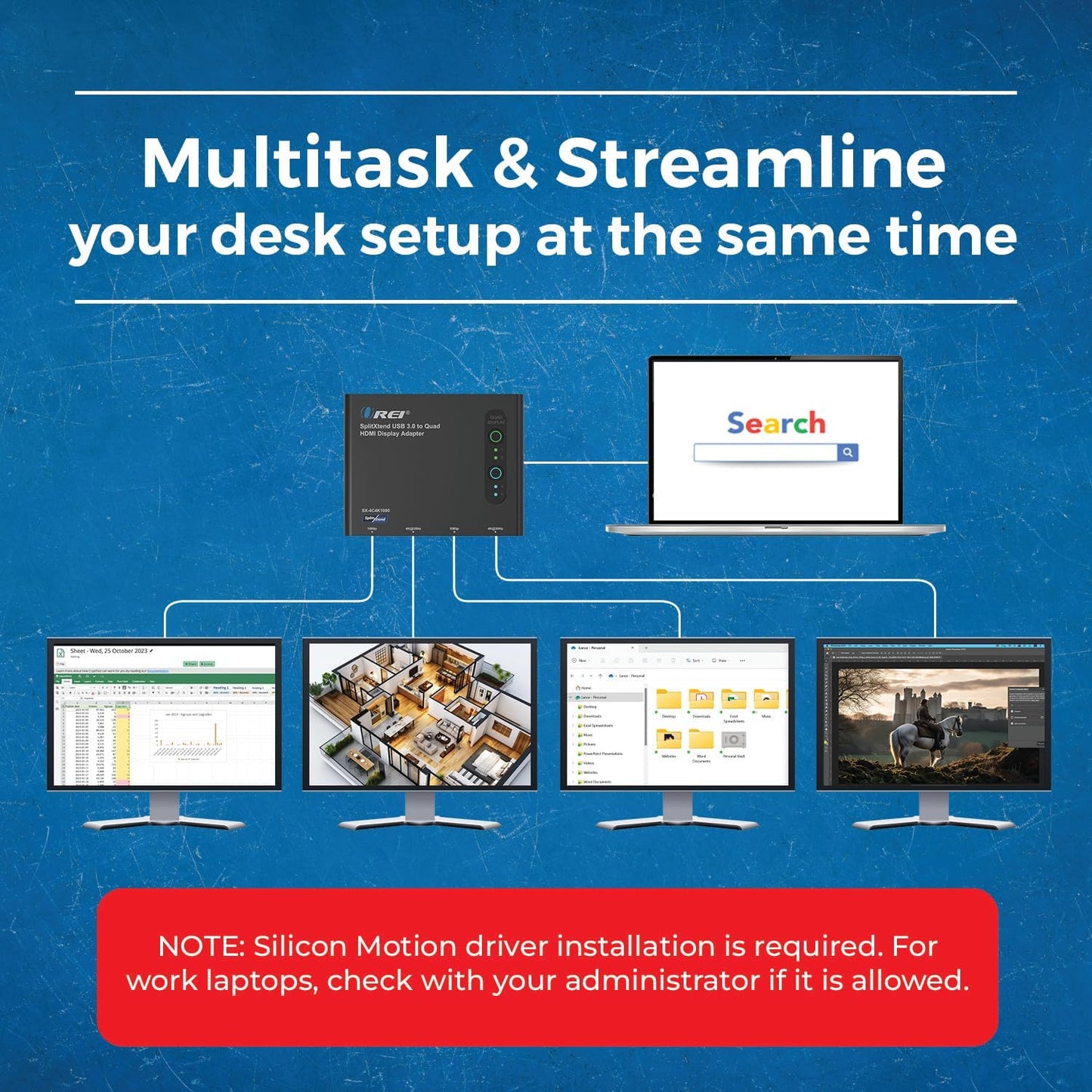 OREI SplitExtend HDMI Splitter Extended Display for Quad Monitor - Multi-Monitor Display 5 Separate Screens - USB-C Adapter to HDMI 2.0, 4K@30Hz Outputs - Windows and Mac Compatible