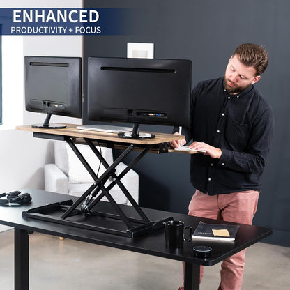 VIVO 36 inch Desk Converter, K Series, Height Adjustable Sit to Stand Riser, Dual Monitor and Laptop Workstation with Wide Keyboard Tray, Reclaimed Wood Top, Black Frame, DESK-V036KP