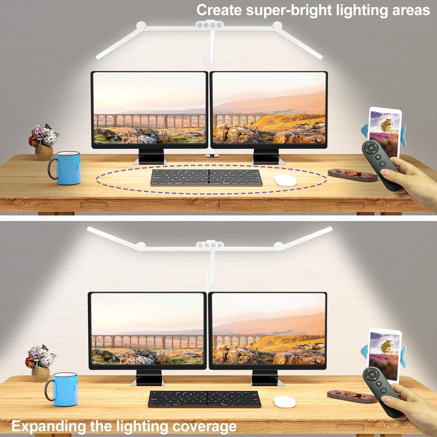 Micomlan Architect Desk Lamp with Clamp, Led Desk Lamp for Home Office with Remote Control, 24W Bright Dimmable Computer Light with Atmosphere Lighting Adjustable Table Light(Remote)