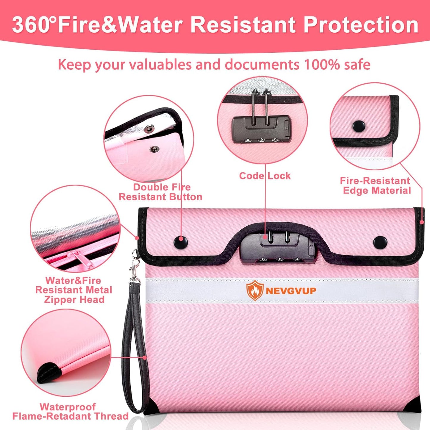 Upgraded 6200°F Fireproof Money Bag with Lock, Fireproof Bag w. Zipper/Reflective Strip, 9 Layers of Heat Insulated Material, Water Resistant Fire Proof Money Bag for Cash, Fire Bag for A5 documents