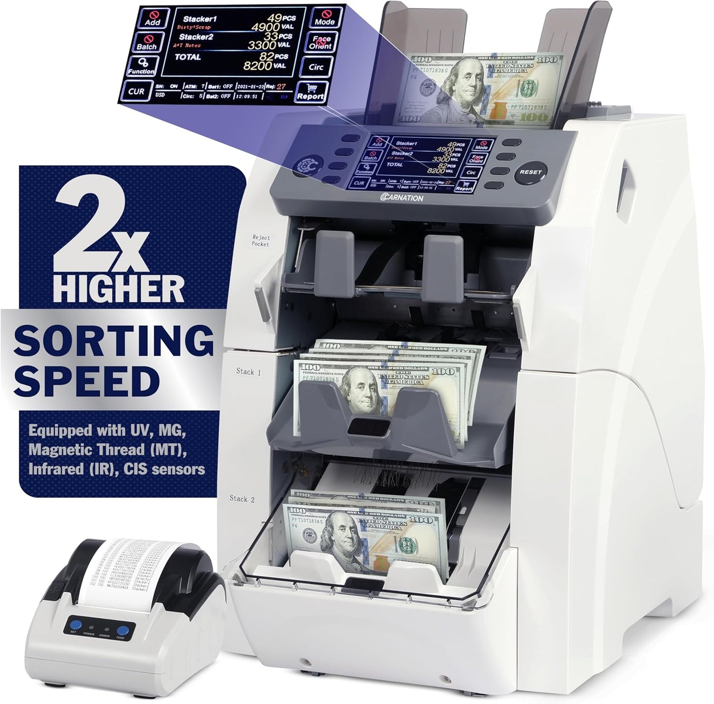 Bank Grade Mixed Denomination Bill Counter and Sorter CR2500 with Printer - Full Spectrum Counterfeit Detection PC Suite 2 Year Warranty (CR2500)