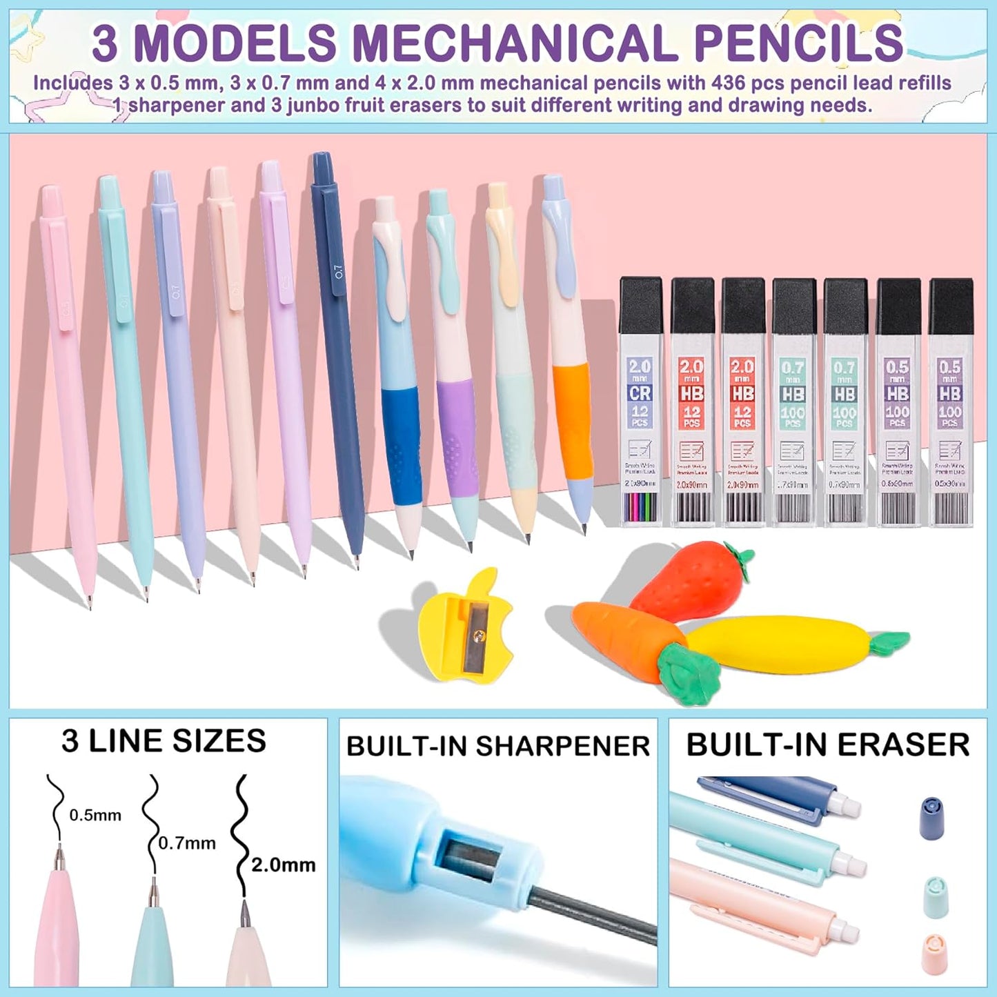 Professional 78PCS Drafting & Writing Kit For Boys Kids, Students School Supplies, 12 Highlighters, 16 Pens, 10 Mechanical Pencils 0.5 0.7 2.0mm, Includes 452 Lead & Gel Refills, Black Pencils Case