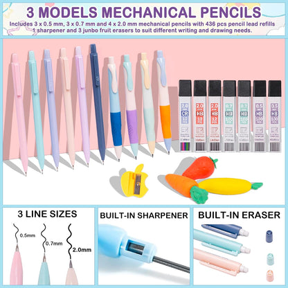 Professional 78PCS Drafting & Writing Kit For Boys Kids, Students School Supplies, 12 Highlighters, 16 Pens, 10 Mechanical Pencils 0.5 0.7 2.0mm, Includes 452 Lead & Gel Refills, Black Pencils Case
