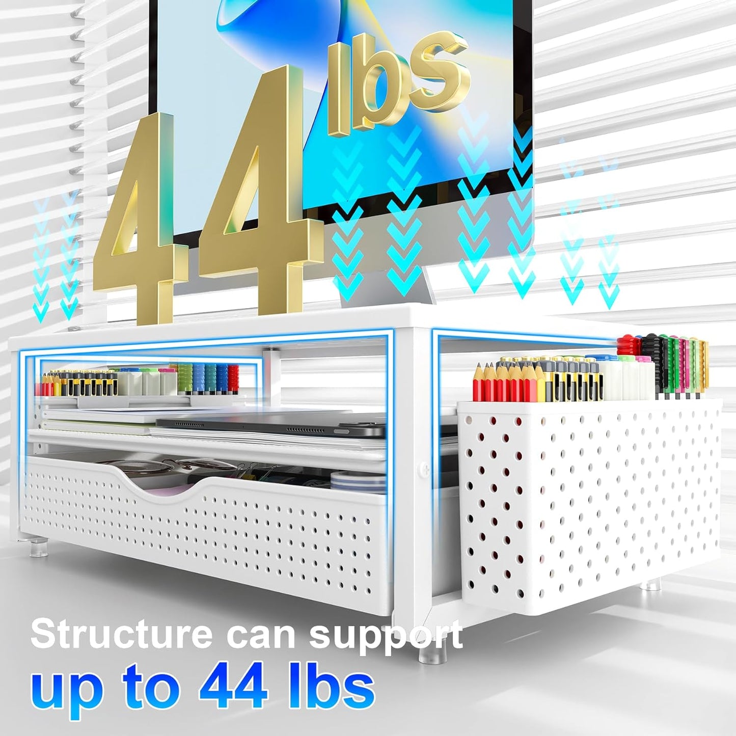 gianotter Desk Organizers and Accessories, Monitor Stand with Drawer and 2 Pen Holder, Desktop Organizer Suitable for Offices and Dormitories (White)