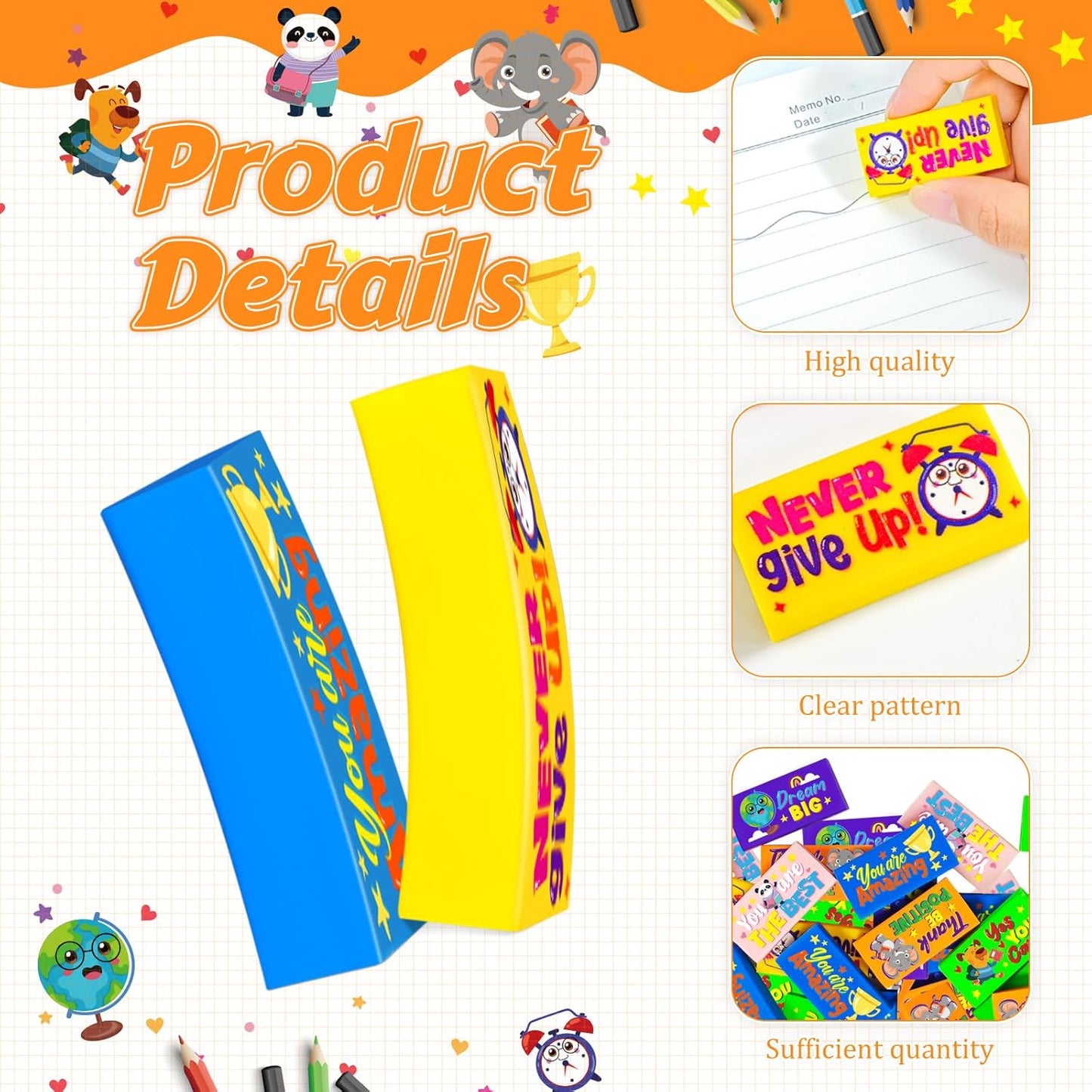 Cinrobiye 100 PCS Inspirational Pencil Erasers Bulk Motivational Cute Eraser Back to School Favor Goody Bag Filler Gifts for Students Classroom Office Teacher Prizes Reward School Supplies (Cute100)