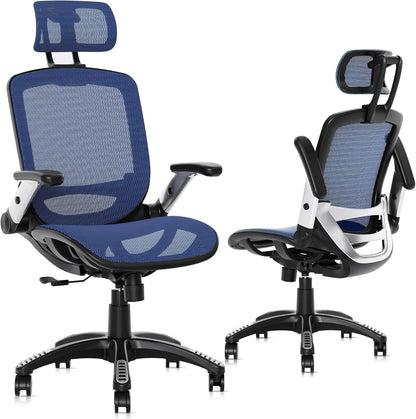 GABRYLLY Ergonomic Office Chair, High Back Mesh Desk Chair with Adjustable Headrest, Flip-Up Arms, 90-120° Tilt Lock, Lumbar Support and Comfy Seat, Swivel Computer Task Chair, Blue