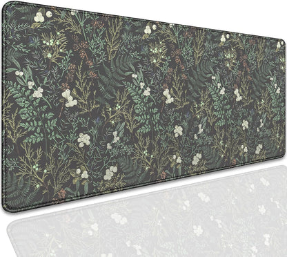 Dark Green Plant Desk Pad Mouse Pad,Vintage Green Fern Leaves Mouse Mat with Stitched Edges,Non-Slip Rubber Base Mousepad for Office PC Keyboard Laptop and Home Work Desk Mat(27.5X11.8 in)