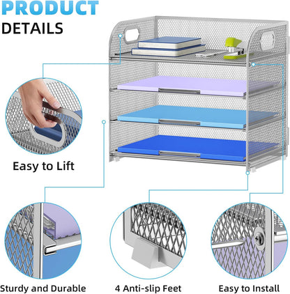 Marbrasse 4 Tier Paper Organizer Letter Tray - Mesh Desk File Organizer with Handle, Paper Sorter Organizer for Letter/A4 Office File Folder Holder (Silver, 12.6" x 9.1" x 10.7")
