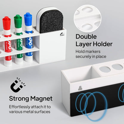 Slim Magnetic Dry Erase Marker Holder for Whiteboard, Space Saving Pen Organizer with Glass and Wall Mount Accessories for Fridge, Office, and School. (White)
