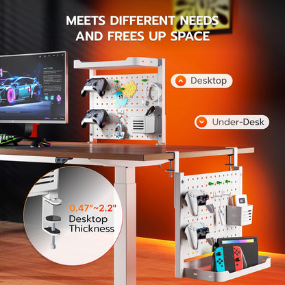 ARES WING Clamp On Desk Pegboard with 16 inches Organizer Shelf, Adjustable Above or Under Desk Storage Shelf Holds 44 lbs, Magnetic Metal Peg Board for Office and Gaming Accessories, White
