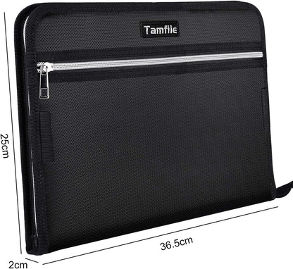 Fireproof Safe Waterproof Accordion File Bag Folder Expanding Filing Folder with 14 Multicolored Pockets, A4 Letter Size, Document Organizer Holder and Color Labels /2 Zipper (Black 14.3" x 9.8")