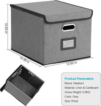 File Organizer Box, Linen Filing Organizer with Lid, Large Desktop File Boxes,Dark Grey