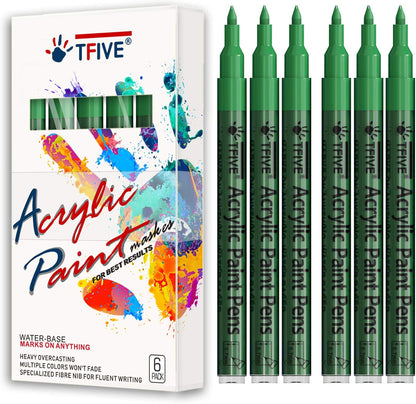 Green Marker Paint Pens - 6 Pack Acrylic Green Permanent Marker, 0.7mm Extra Fine Tip Paint Pen for Art Projects, Drawing, Rock Painting, Stone, Ceramic, Glass, Wood, Plastic, Metal, Canvas DIY Crafts