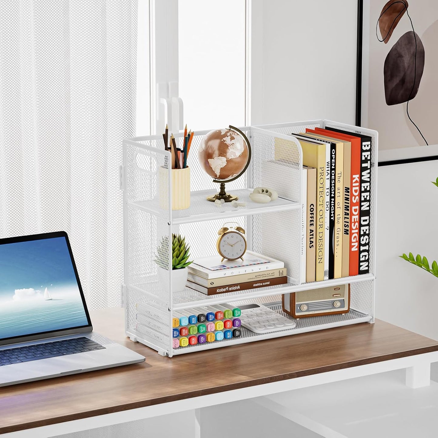 Marbrasse 3-Tier Desk Shelf Organizer with Handle, Desktop Bookshelf File Holder, Mesh Display Shelf Organizer Storage Rack for Office, Home, Supplies, Kitchen (White)