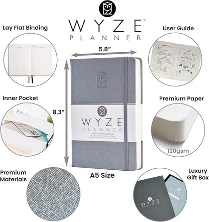 Undated Daily Planner – 6-Month A5 Productivity Organizer with Full Page Per Day, Hourly Schedule, Goal Setting, Habit Tracker, Weekly & Monthly Pages – Hardcover Time Management Notebook (Gray)