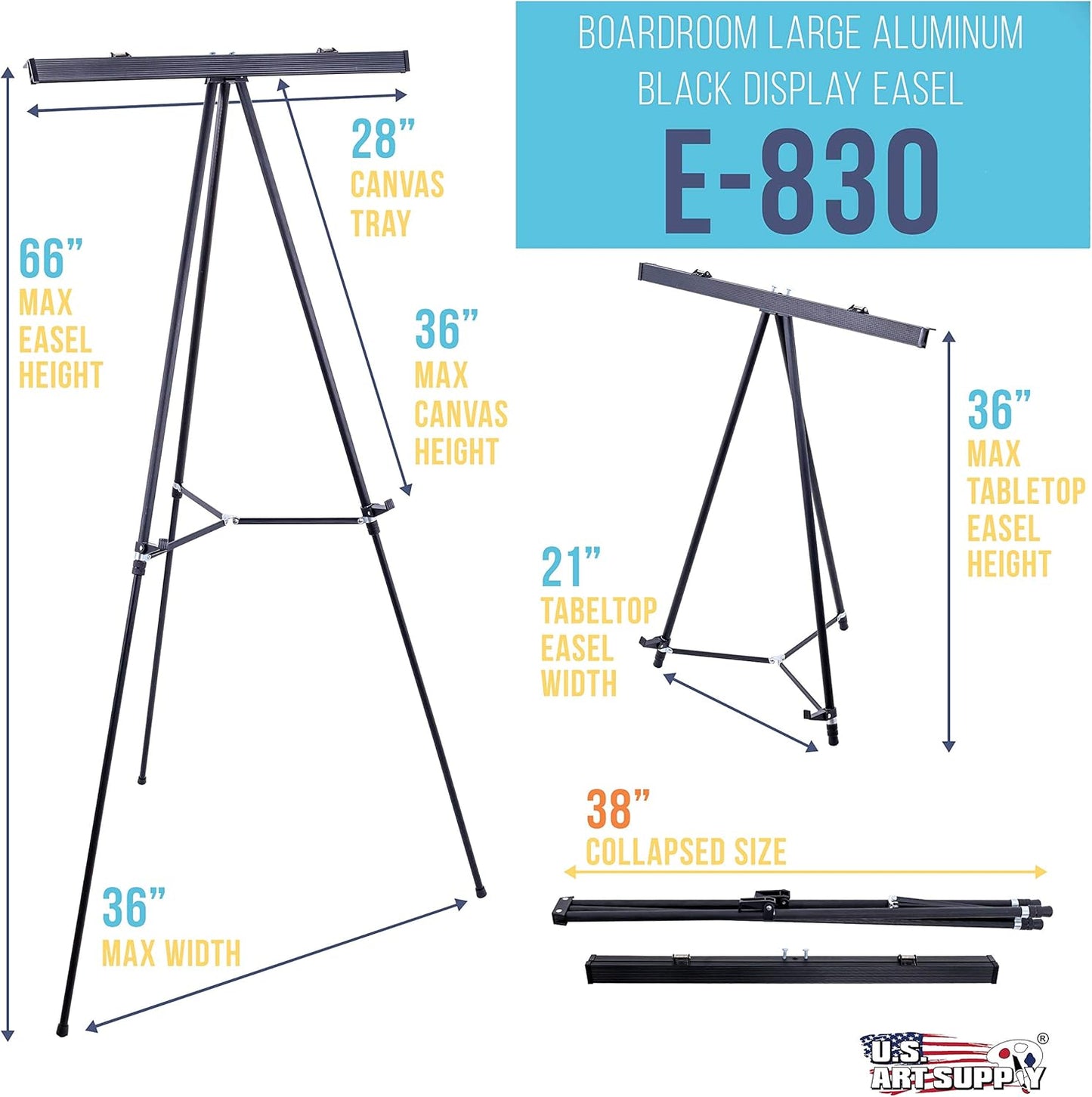 U.S. Art Supply 66" High Boardroom Black Aluminum Flip Chart Easel & Presentation Stand - Adjustable Floor/Tabletop, Portable Tripod, Holds 25 lbs., for Chart Paper, Poster Boards, & Pads