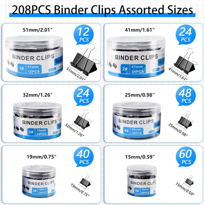 208 PCS Binder Clips Assorted Sizes, Metal Large Binder Clips Bulk, Black Binding Paperwork Clamp for Paper, 6 Size Clips Office Supplies for Business and School