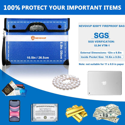 6200F Fireproof Money Bag with Lock, Upgraded A5 Document Bag w/ Zipper/Reflective Strip, 9 Layers Heat Insulated, Water Resistant