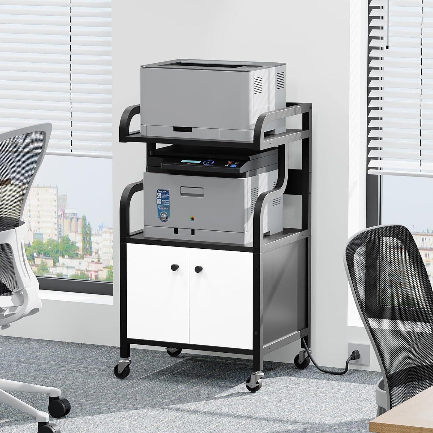 Printer Stand with Storage,Printer Table for Home Office with Charging Station, Large Rolling Cart with Wheels, Printer Cabinet with Open and Hidden Space, Black and White PTHW48E01