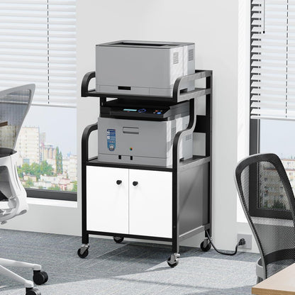 Printer Stand with Storage,Printer Table for Home Office with Charging Station, Large Rolling Cart with Wheels, Printer Cabinet with Open and Hidden Space, Black and White PTHW48E01