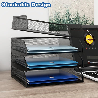 Natwind 4-Tier Stackable Paper Tray, Metal Mesh Desktop Organizer, A4 Desk Organizer, Stackable Letter Trays,File Folder Sorter Organizer with Sliding Tray for Home, Office, School (Black)