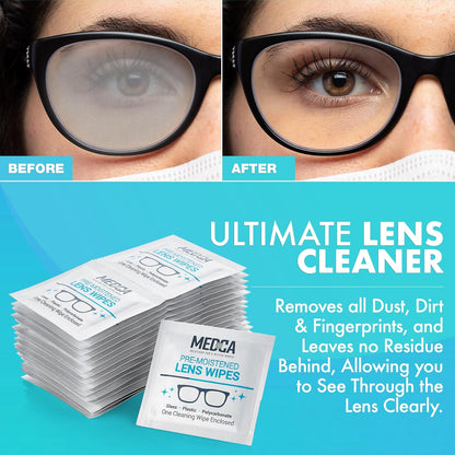 Premoistened Lens and Glass Cleaning Wipes - Portable Travel Cleaner for Glasses, Camera, Cell Phone, Smartphone, and Tablet - Disposable, Quick Drying, Streak Free - Individually Wrapped, Pack of 200