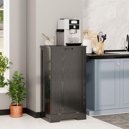 Tilt Out Kitchen Trash Can Cabinet, Pet Proof Wooden Kitchen Garbage Can with Lid, Hidden Laundry Basket Organizer, 10 Gallon Free Standing Bathroom Laundry Hamper Cabinet, Black