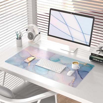 QIYI Large Mouse Pad, PU Leather Desk Mat for Desktop, Waterproof Gaming Desk Pad, Marble Full Desk Accessories Keyboard Mousepad, Abstract Art Home Office Décor 31.5" x 15.7" - Blue Pink Fluid