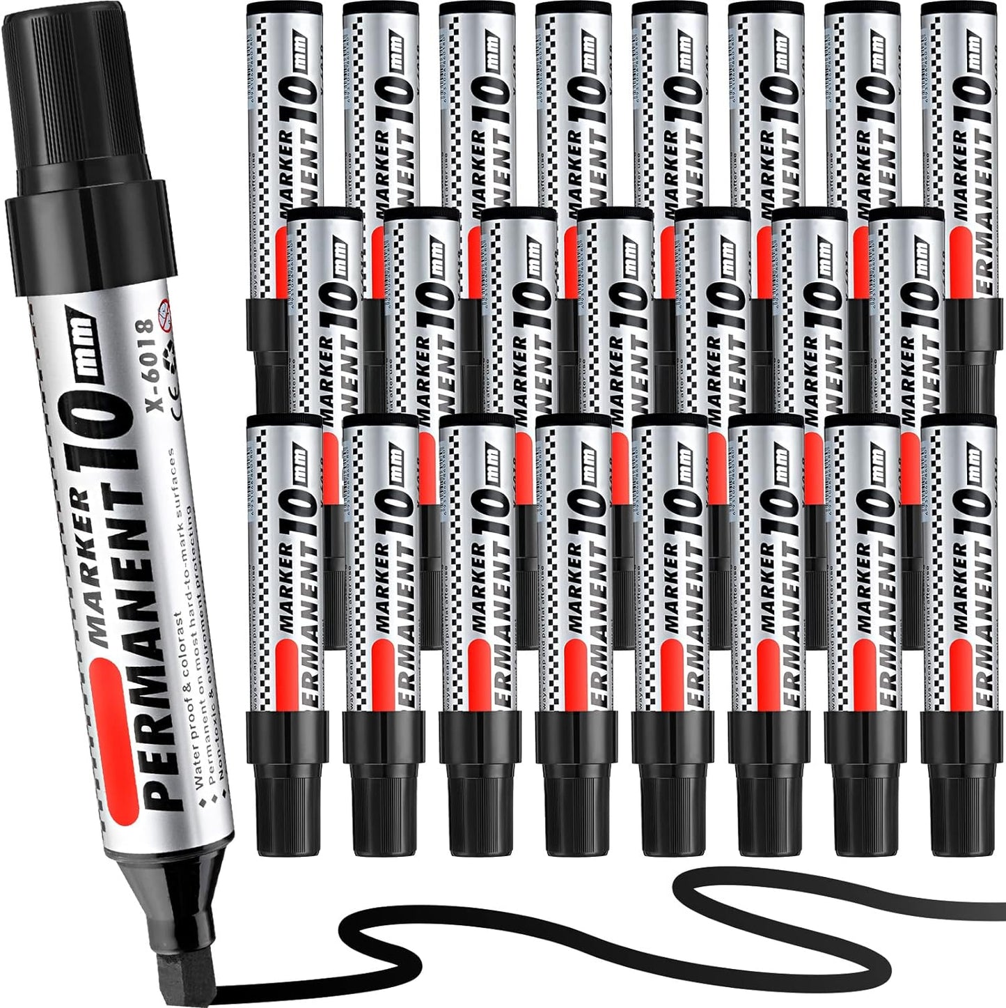 Thenshop 24 Pack Jumbo Size Permanent Markers Bulk Permanent Marker Set Chisel Tip Pens Waterproof for Industrial Use Work on Wood Metal Plastic Stone Glass(Black)