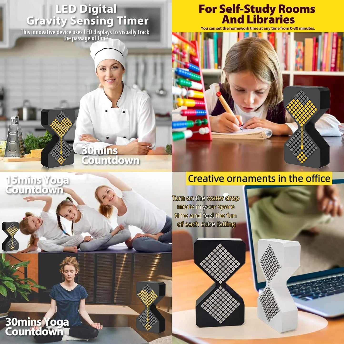 Digital Hourglass 1-30 Minute Freely Adjustable Gravity Timer Dynamic Flow Cube Led Night Light Hourglass Timer for Classroom Home Office Cooking (White, Red Light Source)