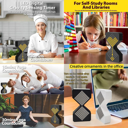 Digital Hourglass 1-30 Minute Freely Adjustable Gravity Timer Dynamic Flow Cube Led Night Light Hourglass Timer for Classroom Home Office Cooking (Black, White Light Source)